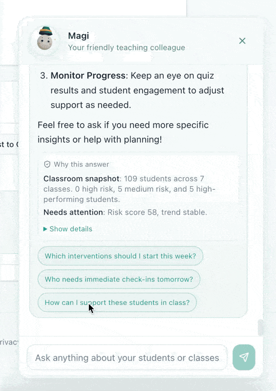AI assistant showing at-risk students in Google Classroom dashboard with 1-click intervention buttons